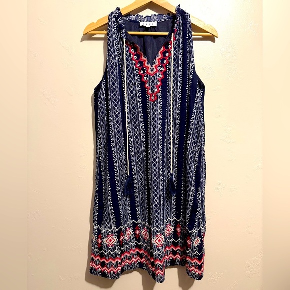 Anthropologie THML Navy, Red & White Embroidered Swing Dress Tassel Accents Med - Picture 1 of 14